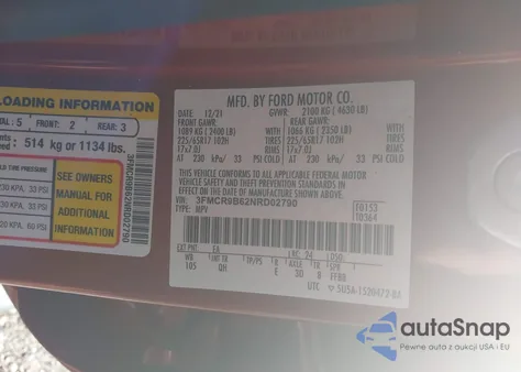 2022 Ford Bronco Sport Big Bend z USA, uszkodzony, nr VIN 3FMCR9B62NRD02790